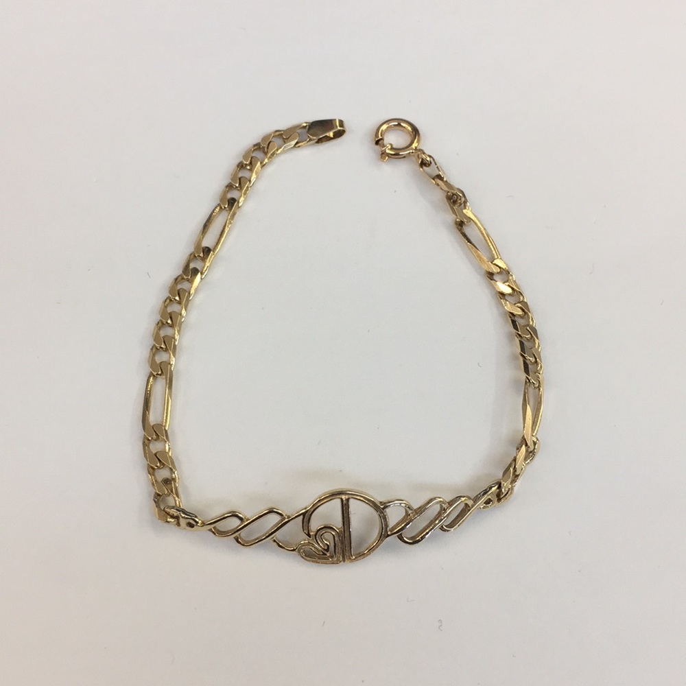 14k Yellow Gold D Initial Women's Figaro Bracelet
